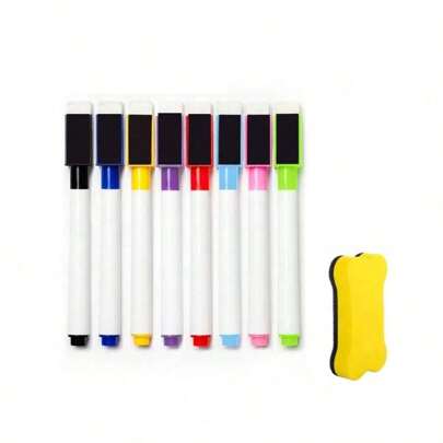 8pcs/9pcs/10pcs/Set Colorful Magnetic Dry-Erase Marker Pens Eraser, Portable Erasable Marker Set With Eraser Function Small Size Whiteboard Pens, Suitable For Fridge Calendar/Weekly Plan - 8 Pens & 1 Magnetic Eraser, Freestanding Writing Kit For Students Drawing & Writing, Applicable For Whiteboard, Calendar, Fridge, School, Office And Home Learning Tools, Back To School, School Supplies, Office Supplies [Black/Blue/Yellow/Purple/Light Blue/Pink/Light Green/Green/Orange]