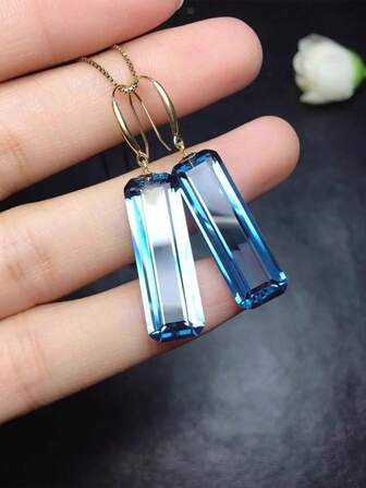 1 件高端瑞士蓝色托帕石水晶矩形吊坠耳环，瘦脸配饰，适合女性日常、宴会、派对穿着、女友礼物
