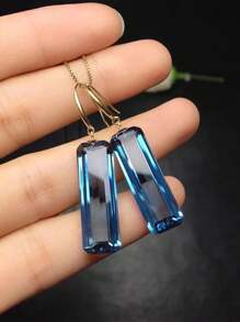 1 chiếc bông tai hình chữ nhật đính pha lê Topaz xanh Thụy Sĩ cao cấp, phụ kiện làm thon gọn khuôn mặt, thích hợp cho trang phục hàng ngày, tiệc tùng, dự tiệc, quà tặng bạn gái của phụ nữ - Màu xanh lam - Xem 3