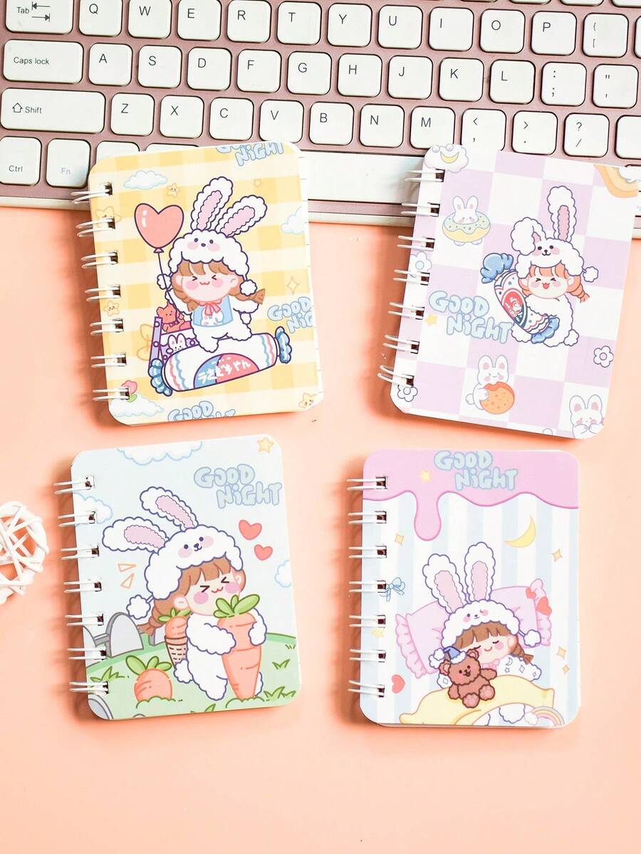 4 cái/gói A7 Sổ ghi chép xoắn ốc Với Mô hình Cartoon , 80 Mỗi , Nằm ngang Lót Bên trong Đối với Mini di động sổ tay - Nhiều màu - Xem 1