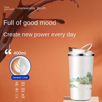 Xi Shi Qianli Jiangshan Ceramic Coffee Cup, Easy To Clean Stainless Steel Insulated Cup, 400ml Capacity, Highly Attractive Level Car Cup With Handle For Travel Back To School