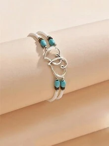 1PC 2 Lớp Vòng Chân Trái Tim, Châu Âu & Mỹ Phong Cách Bãi Biển Chân Trang Sức, thời Trang Họa Tiết Trái Tim Đính Hạt Vòng Chân, Màu Xanh Ngọc - trắng - Xem 4