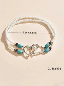 1PC 2 Lớp Vòng Chân Trái Tim, Châu Âu & Mỹ Phong Cách Bãi Biển Chân Trang Sức, thời Trang Họa Tiết Trái Tim Đính Hạt Vòng Chân, Màu Xanh Ngọc - trắng - Xem 2
