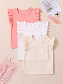 3pcs/Set Young Girl Ruffled Hem Casual Short Sleeve T-Shirt, Summer - Multicolor - View 1