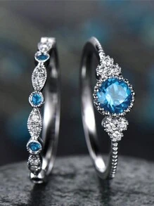 2 Pcs/Set Gorgeous S925 Sterling Silver Blue Cubic Zirconia Rings Wedding Jewelry For Women Fine Jewelry Valentine's Day Gift
