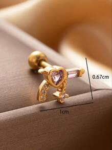 Toppiercing 1pc Fashionable Copper Inlaid Rhinestone Heart Key & Gun Shape Tragus Piercing Stud With Stainless Steel Bar Valentines,Mom,Mother,Mother's Day,Gift