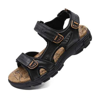 Men's Black Leather Beach Sandals, Large Size Open Toe Summer Casual Outdoor Shoes