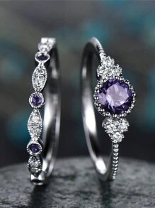 2 Pcs/Set Gorgeous S925 Sterling Silver Blue Cubic Zirconia Rings Wedding Jewelry For Women Fine Jewelry Valentine's Day Gift