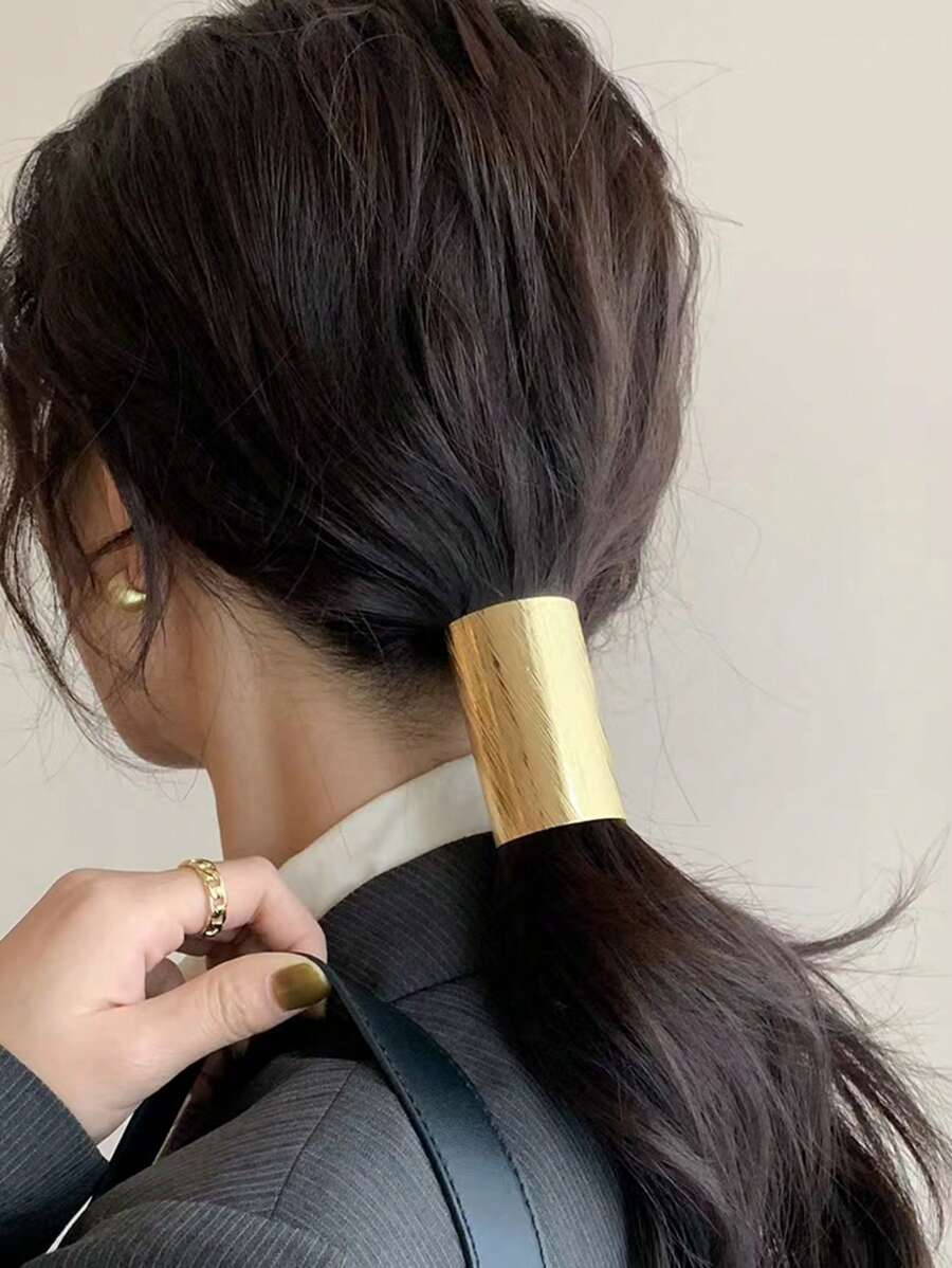 1个金色时尚大波浪面半马尾发夹 - 适合浓密马尾辫的装饰发夹 | 金属装饰发夹 | 女士大开口马尾发夹 | 时尚半夹和半圆钩夹，休闲金色发饰爪夹发夹发卡，女士发饰，发夹，夏季，假日，旅行 - 金色 - 查看 1