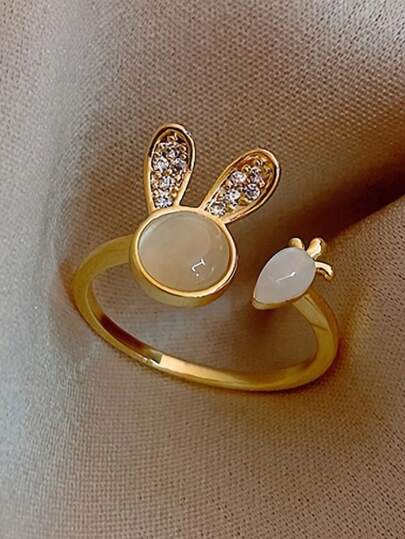 1pc Fashionable Copper Rabbit Shaped Ring With Rhinestone & Cat Eye Stone Decor For Women's Dating Outfits