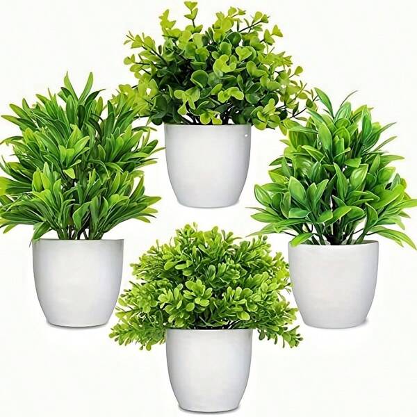 4pcs Small Green Fake Plants In White Planters, Artificial Plants For Home Decor Indoor, Plastic Eucalyptus Plants For Office Desk Bathroom Bedroom Greenery Decoration Mini Fake Plants In Pots Wheat Grass Potted Faux Plants Indoor For Office Desk, Valentine Day, Gift Gifts Birthday Graduation,Garden Decor,Outdoor Plant,Gardening,Fake Flowers