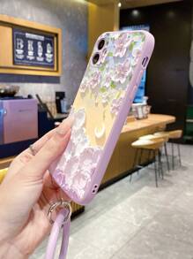 1pc Purple Flower Hand Strap With Keychain & Straight Edge Phone Case Compatible With Apple/Samsung/Xiaomi/Redmi/Vivo - Purple Ring - View 3