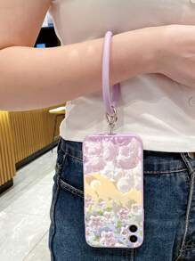 1pc Purple Flower Hand Strap With Keychain & Straight Edge Phone Case Compatible With Apple/Samsung/Xiaomi/Redmi/Vivo - Purple Ring - View 1