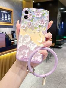 1pc Purple Flower Hand Strap With Keychain & Straight Edge Phone Case Compatible With Apple/Samsung/Xiaomi/Redmi/Vivo - Purple Ring - View 5