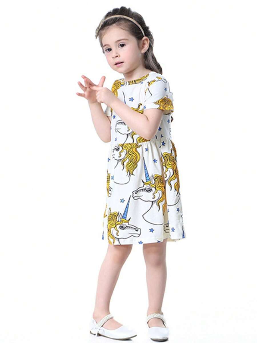 Short Sleeve Cotton A-Line Unicorn Print Girl Short Dress - 白色 - 查看 1