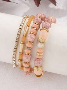 4 chiếc vòng tay đàn hồi đính đá Rhinestone & hạt cườm thời trang & cá nhân hóa & đa năng & nhiều lớp dành cho phụ nữ, món quà lý tưởng cho Ngày của Mẹ, tiệc tùng và sinh nhật - Đơn giản - Xem 7