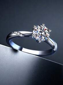 1個時尚簡約優雅的6爪圓形立方氧化鋯女戒,是完美的情人節和婚禮禮物 - 銀色 - 查看 9