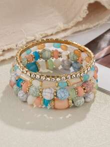 4 chiếc vòng tay đàn hồi đính đá Rhinestone & hạt cườm thời trang & cá nhân hóa & đa năng & nhiều lớp dành cho phụ nữ, món quà lý tưởng cho Ngày của Mẹ, tiệc tùng và sinh nhật - Đơn giản - Xem 3