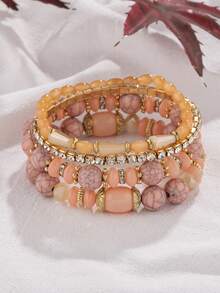 4 chiếc vòng tay đàn hồi đính đá Rhinestone & hạt cườm thời trang & cá nhân hóa & đa năng & nhiều lớp dành cho phụ nữ, món quà lý tưởng cho Ngày của Mẹ, tiệc tùng và sinh nhật - Đơn giản - Xem 4