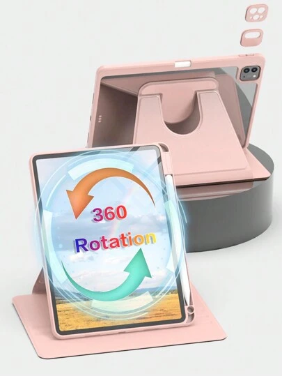 兼容苹果 iPad 的保护壳，内置 Apple Pencil 插槽，360 度旋转翻转支架，优质防震，支持自动唤醒/睡眠，灵活视角 - 粉色