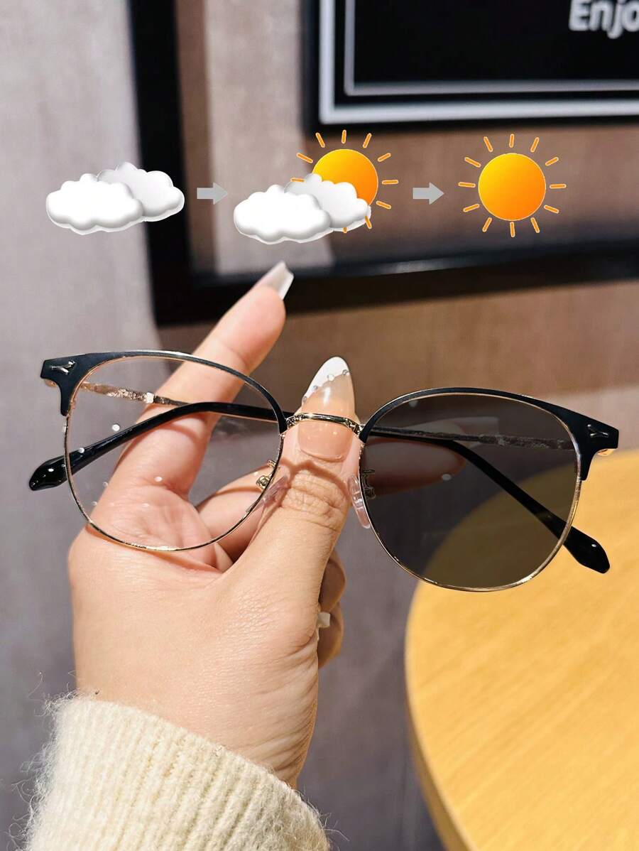 1pc Stainless Steel Photochromic Round Fashion Glasses - Changes Color Under Appropriate Light Wavelength, Resumes Original Color When Light Source Removed, Fashionable And Unisex For Summer Beach Vacation,Outdoor,Travel