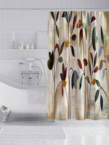 1入復古海浪和植物圖案的淋浴簾 - 米色 - 查看 3