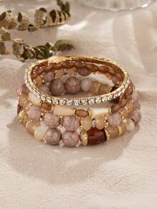 4 chiếc vòng tay đàn hồi đính đá Rhinestone & hạt cườm thời trang & cá nhân hóa & đa năng & nhiều lớp dành cho phụ nữ, món quà lý tưởng cho Ngày của Mẹ, tiệc tùng và sinh nhật - Đơn giản - Xem 2