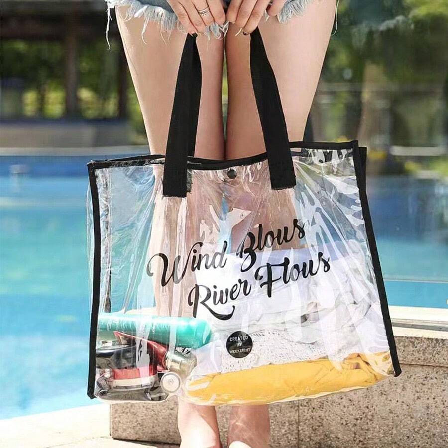 1pc Stylish Waterproof Pvc Beach Bag, Transparent Toiletries & Cosmetic Pouch, Portable Travel Storage Bag, Swimming Bag Beach Stuff - Black - View 1