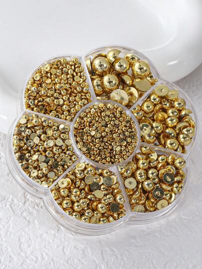 2000 piezas/caja Decoración de arte de uñas de perlas falsas doradas en forma de Meihua, mitad redonda, accesorios de perlas falsas, joyería DIY para uñas, diferentes tamaños, encantos de uñas, gemas de uñas, suministros para uñas