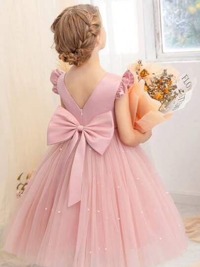 Vestido de fiesta de princesa con volantes y malla rosa para niña, adecuado para fiestas de cumpleaños, bailes de graduación, Navidad, uso diario casual, actuaciones musicales, espectáculos en el escenario, celebraciones festivas