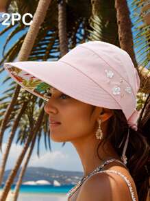 1 pezzo Nuovo cappello da secchio alla moda per donne, da viaggio e all aperto, con protezione solare, a tesa larga e pieghevole, con foro per la coda di cavallo, decorato con perle finte e motivo a foglie, adatto per uso casual quotidiano