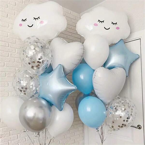 22 Peças Balões em Formato de Nuvem Branca, Balões de Folha Metalizada em Formato de Estrela Azul e Coração Branco com Confete, Balões de Látex para Decoração de Chá de Bebê, Festa com Tema de Nuvem e Decoração de Aniversário