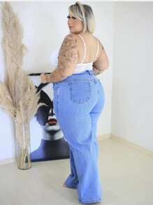Wide Leg Pantalona Jeans Plus Size Feminina cintura alta clara - Azul - Visão 3