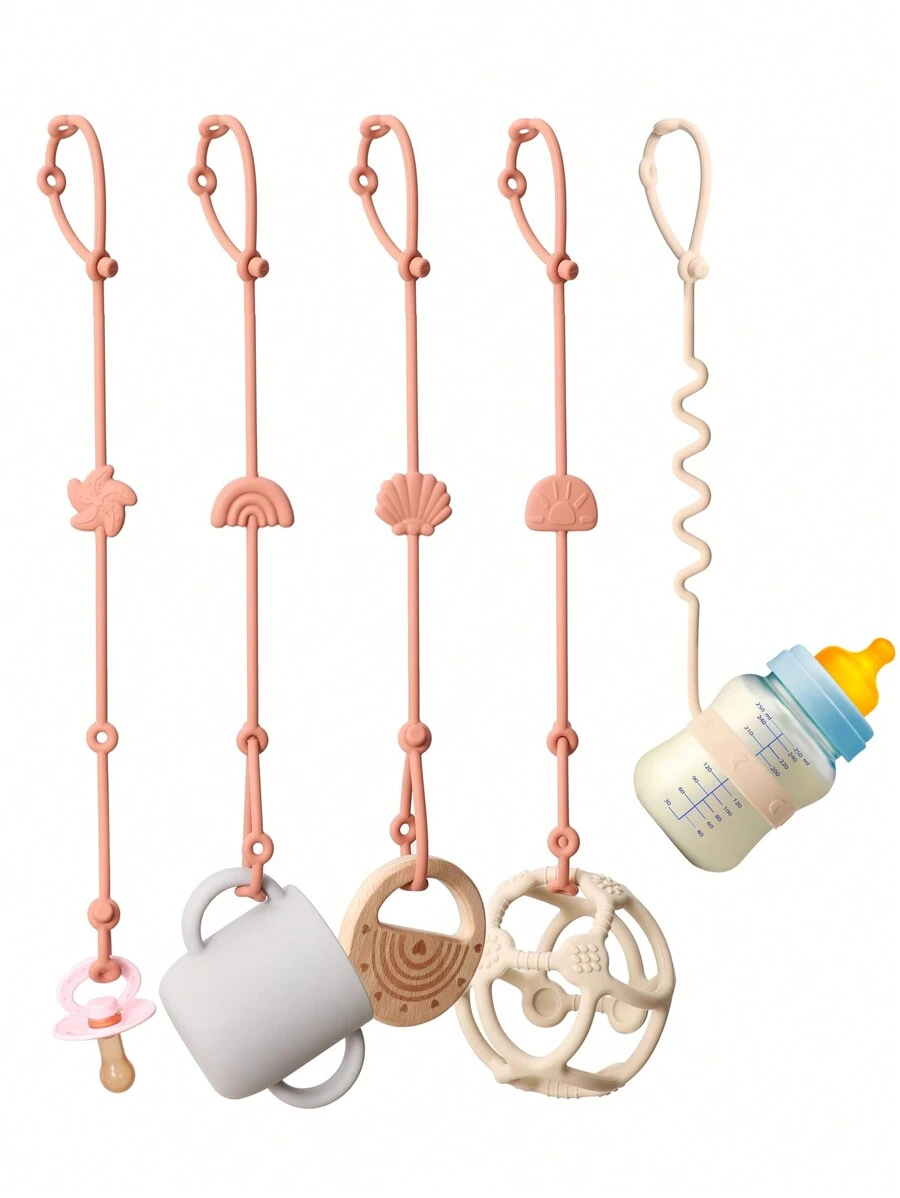 5pcs Soft Silicone Pacifier Clip, Baby Bottle Straps, Teething Chain Adjustable Infant Nipple Holder Dummy Clip Stroller Baby Accessories - Clay - View 1