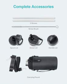 BUZIO Leakproof Insulated Water Bottle With 3 Caps, Double Wall Stainless Steel Modern Simple Thermo Flasks With Carrying Pouch