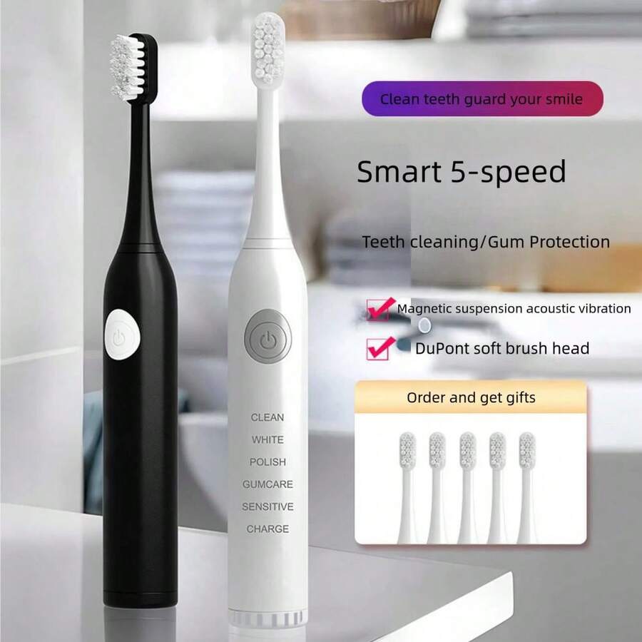 1pc Electric Toothbrush USB Rechargeable Rotation Clean Teeth Adult Teeth Brush Electric Tooth Brush With 5 Extra Replacement Heads,Red - Red Rechargeable - 5 Toothbrush Heads [9000 Rpm] - View 1