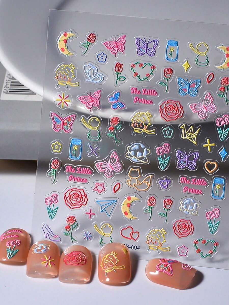 1 Pieza De Pegatinas De Uñas Con Relieve 5d Con Flores, Frutas, Plantas, Mariposas Para La Primavera Y El Verano, Calcomanías Adhesivas Para Decoración De Uñas En El Manicure Y Nail Art - Multicolor - Ver 1