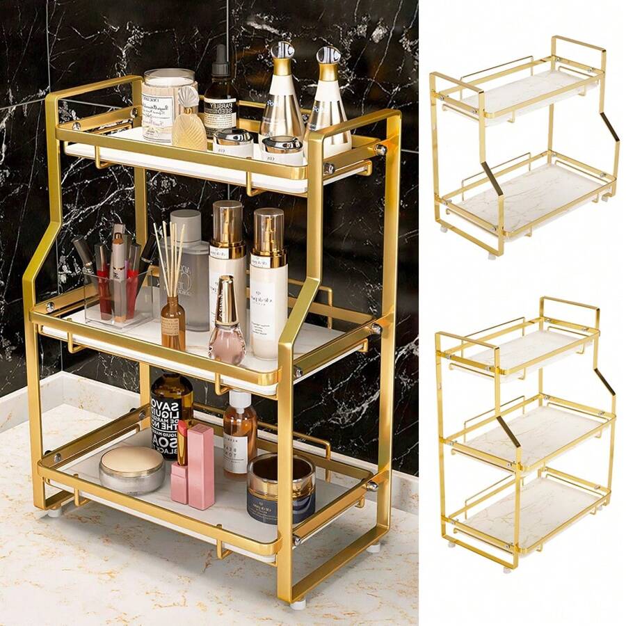 LIVINGANDHOME Living And Home Luxurious Gold 2/3-Tier Bathroom Countertop Storage Rack Organizer,Hangable Makeup Organizer Storage Shelf - Dorado - Ver 1