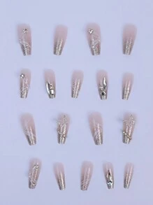 更新您的外观 24 件手工 3D 绘画超光泽按压指甲长棺材渐变银色闪光蝴蝶轮廓假指甲带水钻光泽可重复使用人造假指甲女士美甲用品指甲 - 粉色 - 查看 3