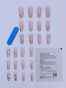 更新您的外观 24 件手工 3D 绘画超光泽按压指甲长棺材渐变银色闪光蝴蝶轮廓假指甲带水钻光泽可重复使用人造假指甲女士美甲用品指甲 - 粉色 - 查看 4