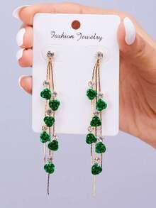 2 Pieces Of Long Earrings With Flower In Link With Rhinestones And .925 Sterling Post - Green - View 3