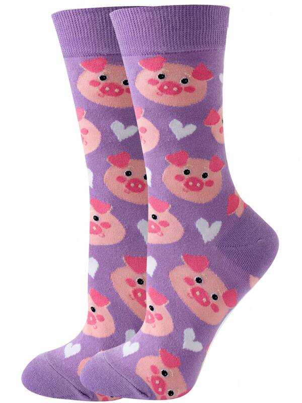 1pair Women's Cute Purple Pig Design Socks Suitable For Daily Wear, Home And School
