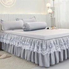 1 mảnh váy giường ren thanh lịch, chăn trải giường mềm mại chống bụi màu trơn phù hợp cho mọi mùa, cỡ lớn, ga trải giường chống trượt (chỉ có váy giường, không có vỏ gối), đồ trang trí phòng ngủ - xám - Xem 4