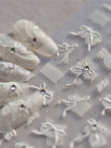 1张白色蕾丝蝴蝶结5D水晶钻石美甲贴纸美甲贴花设计美甲工具DIY美甲用品 - 白色 - 查看 1