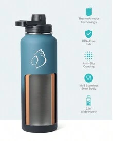 BUZIO Leakproof Insulated Water Bottle With 3 Caps, Double Wall Stainless Steel Modern Simple Thermo Flasks With Carrying Pouch - 藍/黑漸變 - 查看 4