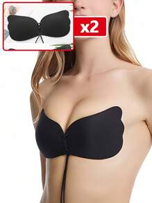 2 đôi Đen Hình cánh Dây rút Silicone Áo ngực vô hình Tấm lót Với Mạnh mẽ Push-Up & Chống trượt Chức năng , Hoàn hảo Đối với Tối Đầm - màu đen - Xem 1