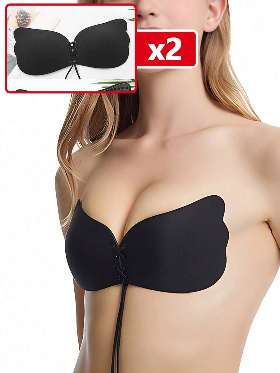 2 đôi Đen Hình cánh Dây rút Silicone Áo ngực vô hình Tấm lót Với Mạnh mẽ Push-Up & Chống trượt Chức năng , Hoàn hảo Đối với Tối Đầm - màu đen - Xem 1