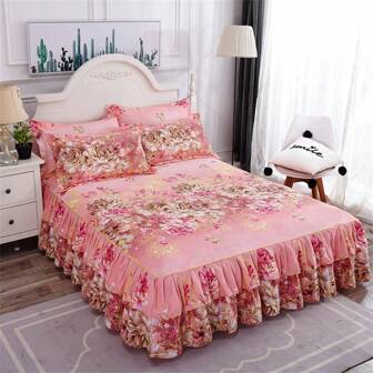 3pcs Bed Skirt Set, Printed Universal Anti-Slip Bedspread Bedding Set, Bedroom Guestroom Bedding (Bed Skirt*1 + Pillowcase*2, No Core) Bedroom Decor