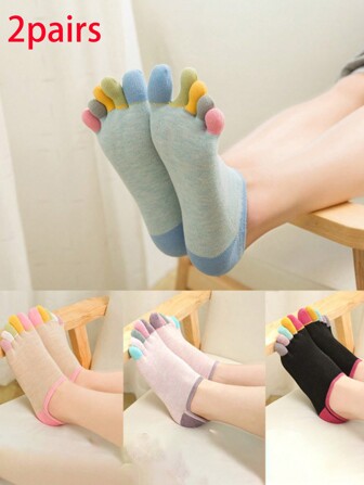 2pairs (Random Colors) Women's Colorful Toe Socks With Heels, Sweat-Wicking Silicone Invisible Low Cut Five Finger Socks For Breathability