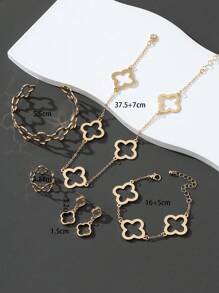 1 bộ dây chuyền, vòng tay, vòng tay nhỏ, nhẫn và hoa tai hình cỏ ba lá may mắn rỗng cho ngày lễ tình nhân - Vàng - Xem 6